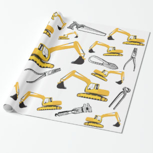 Excavator Construction Trucks and Tools Pattern Wrapping Paper