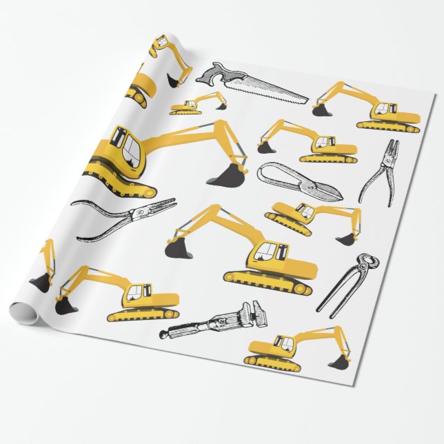 Excavator Construction Trucks and Tools Pattern Wrapping Paper (Unrolled)