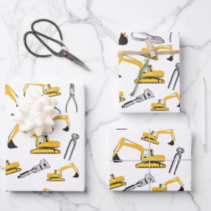 Excavator Construction Trucks and Tools Pattern Wrapping Paper Sheet