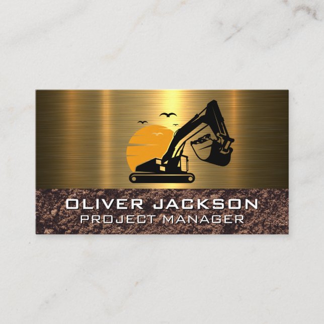 Excavator Construction Vehicle | Dirt | Metal Business Card (Front)