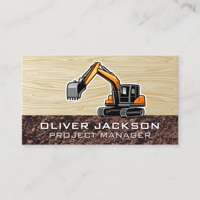 Excavator Construction Vehicle | Wood Grain Business Card (Front)