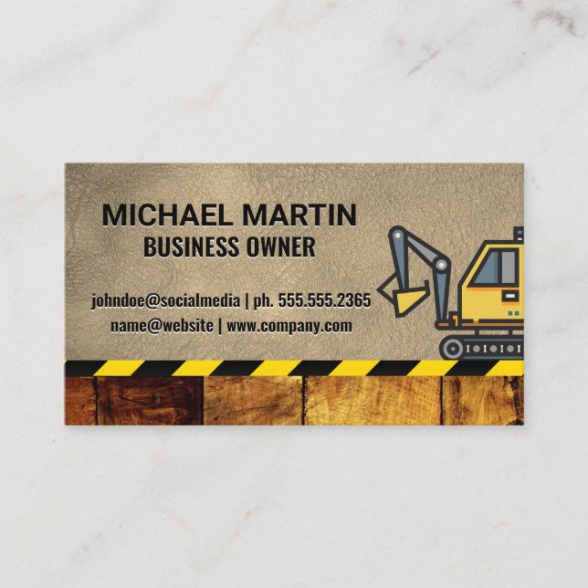 Excavator | Construction | Wood Leather Business Card (Front)