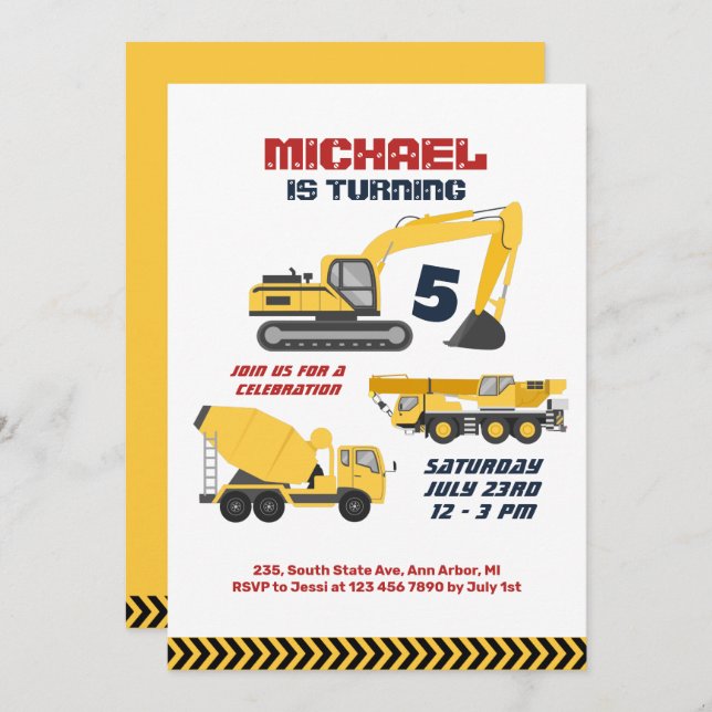 Excavator Crane Construction Builder Boys Birthday Invitation (Front/Back)