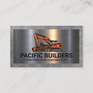 Excavator Digging   Steel Plate Metal Business Card