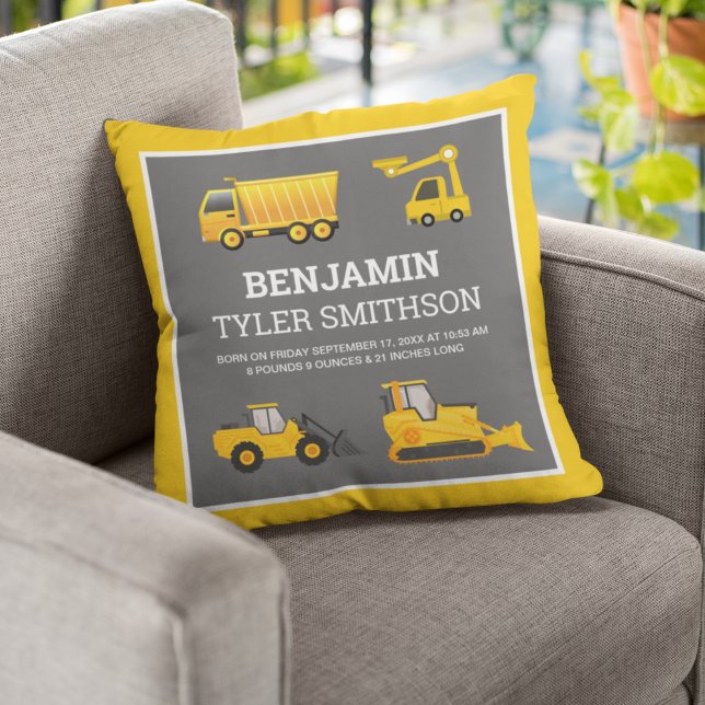Excavator Dump Truck Construction Baby Birth Stats Cushion (Creator Uploaded)