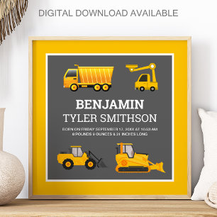 Excavator Dump Truck Construction Baby Birth Stats Poster