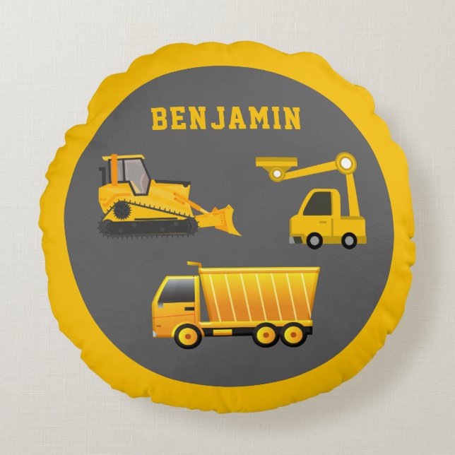 Excavator Dump Truck Construction Theme Kids Room Round Cushion (Front)