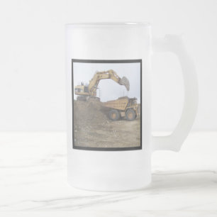 Excavator & Dump Truck Frosted Glass Beer Mug