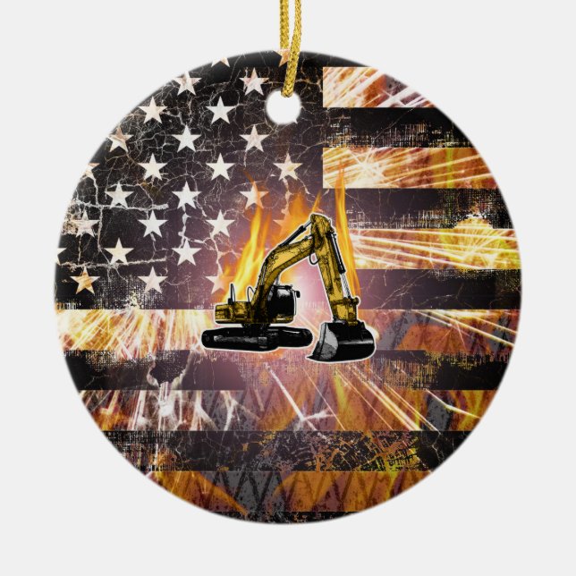 Excavator Flag Sparks Ceramic Tree Decoration (Front)