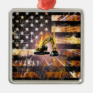 Excavator Flag Sparks Metal Tree Decoration