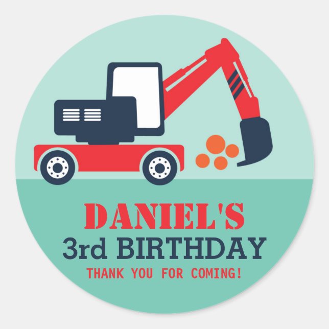 Excavator Kid Builder Birthday Party Favour Sticke Classic Round Sticker (Front)