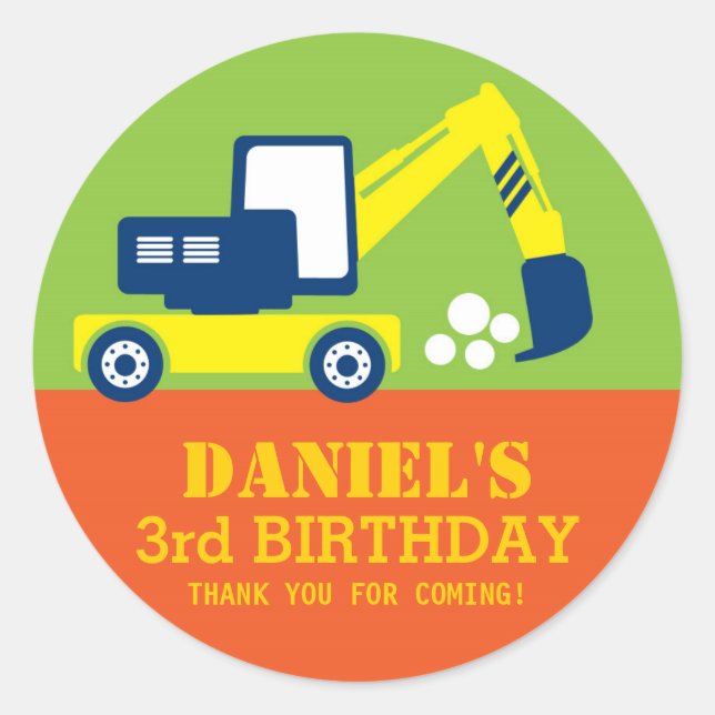 Excavator Kids Builder Birthday Party Sticker (Front)