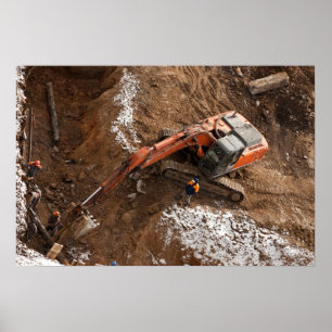 Excavator on a construction plant poster