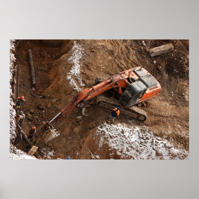 Excavator on a construction plant poster (Front)
