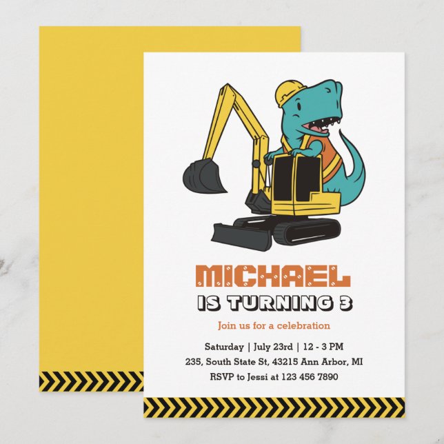 Excavator T-Rex Builder Construction Kids Birthday Invitation (Front/Back)