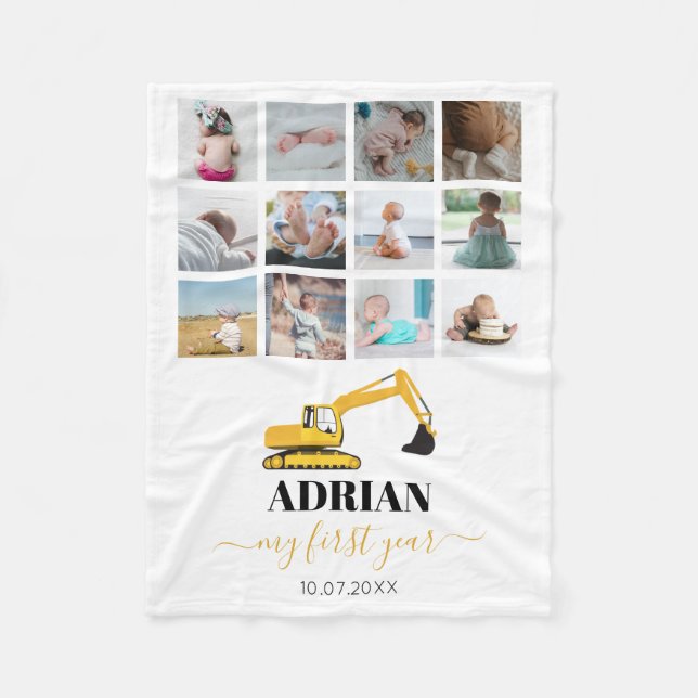 Excavator Truck Baby First Year Photo Collage Fleece Blanket (Front)
