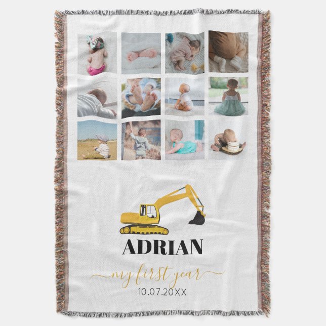 Excavator Truck Baby First Year Photo Collage Throw Blanket (Front Vertical)