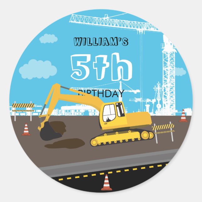 Excavator Truck Construction Trucks Birthday Party Classic Round Sticker (Front)