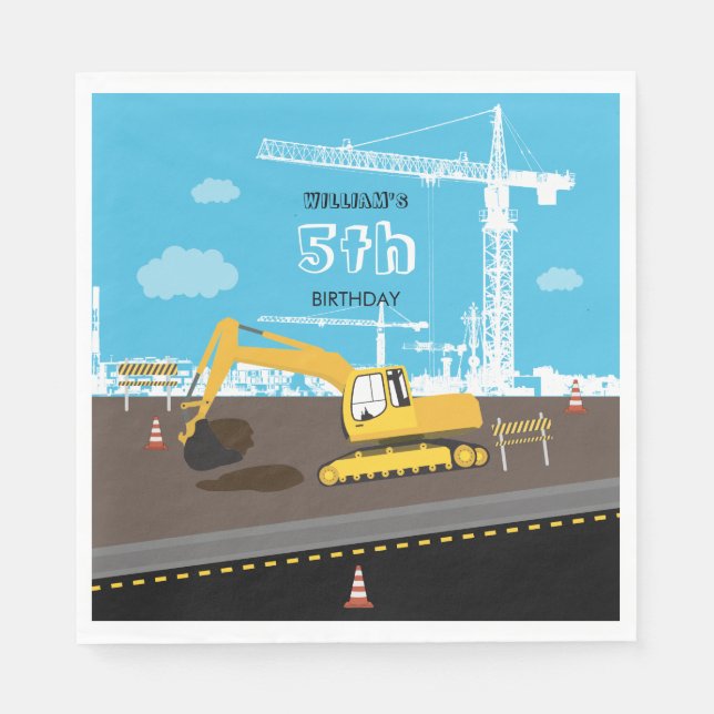 Excavator Truck Construction Trucks Birthday Party Napkin (Front)