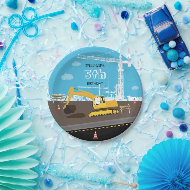 Excavator Truck Construction Trucks Birthday Party Paper Plate (Party)