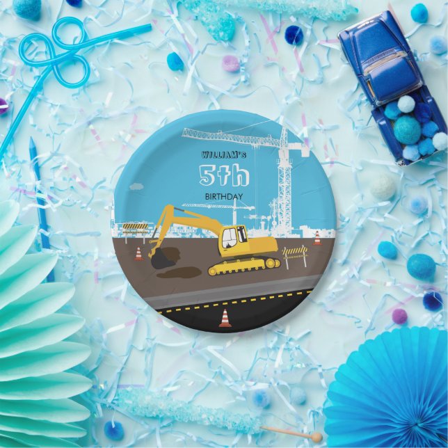 Excavator Truck Construction Trucks Birthday Party Paper Plate (Party)