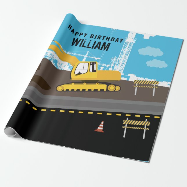 Excavator Truck Construction Trucks Site Birthday  Wrapping Paper (Unrolled)