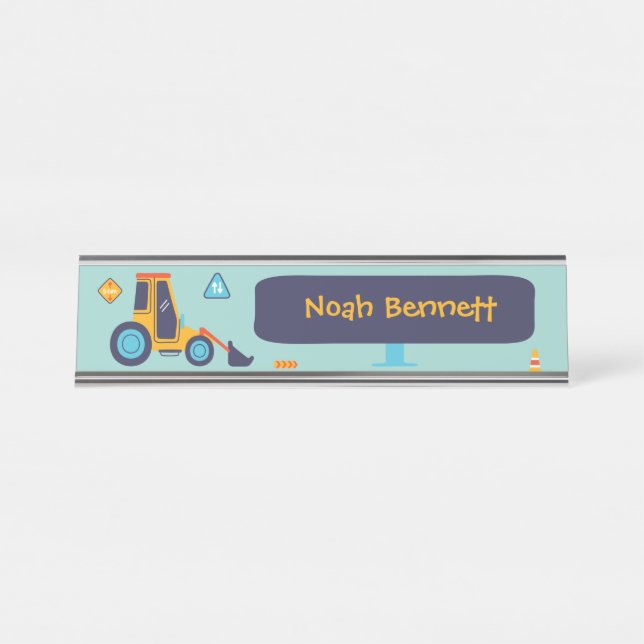 Excavator Trucks Boys Construction Desk Name Plate (Front)
