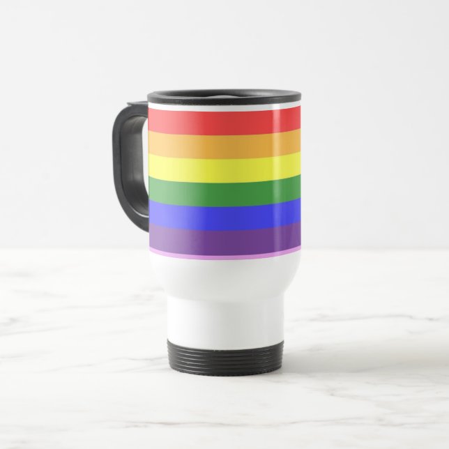 Excellent quality Rainbow Stripe Bright Colours Travel Mug (Front Left)