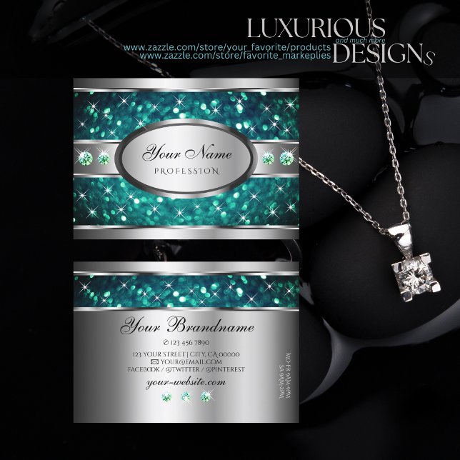 Excellent Silver Teal Glitter Sparkle Rhinestones Business Card (Creator Uploaded)