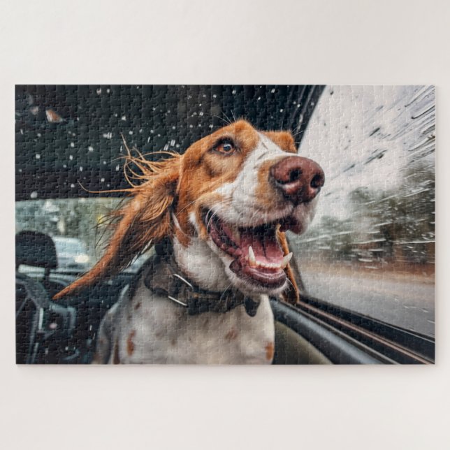 Excited Dog on Rainy Car Ride Art Print Jigsaw Puzzle (Horizontal)