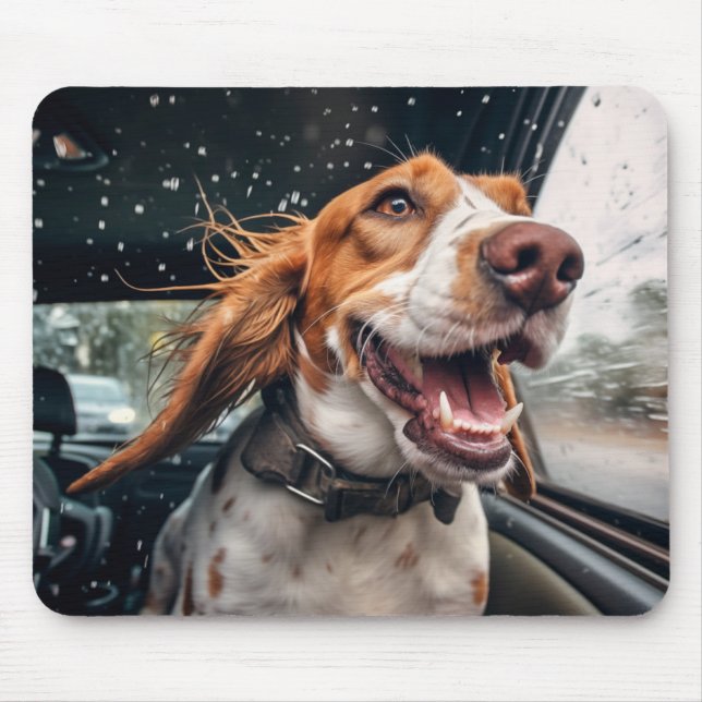 Excited Dog on Rainy Car Ride Art Print Mouse Mat (Front)