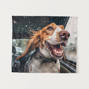 Excited Dog on Rainy Car Ride Art Print Tapestry