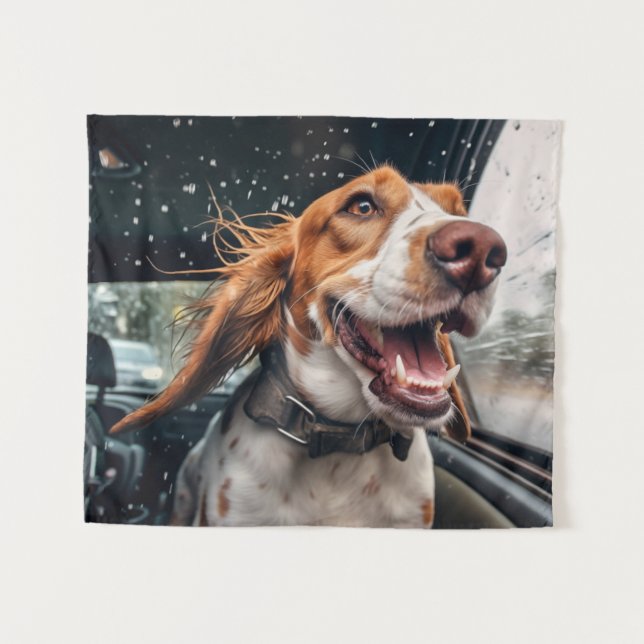 Excited Dog on Rainy Car Ride Art Print Tapestry (Front (Horizontal))