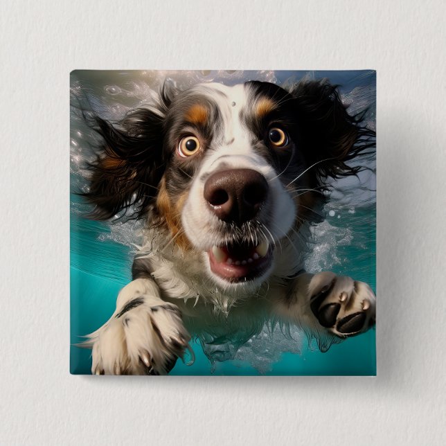 Excited Dog Swimming Underwater Design 15 Cm Square Badge (Front)