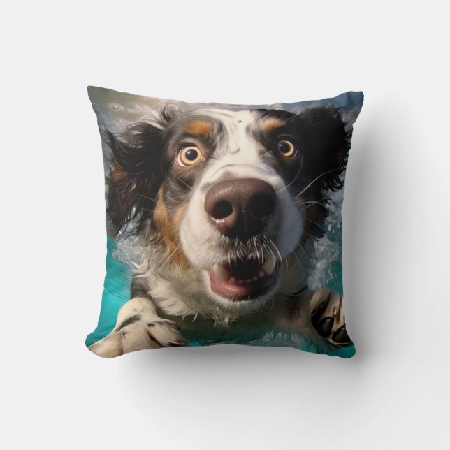 Excited Dog Swimming Underwater Design Cushion (Front)