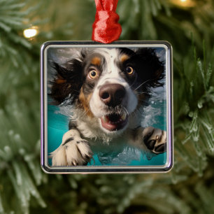 Excited Dog Swimming Underwater Design Metal Tree Decoration