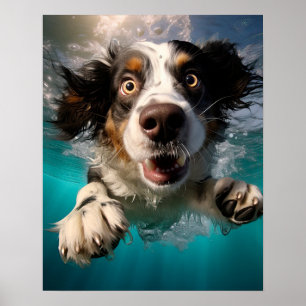 Excited Dog Swimming Underwater Design Poster