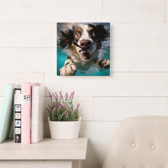 Excited Dog Swimming Underwater Design Square Wall Clock (Reading Room)