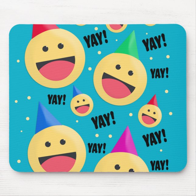 Excited Happy YAY Emojis in Party Hats Holiday Pos Mouse Mat (Front)
