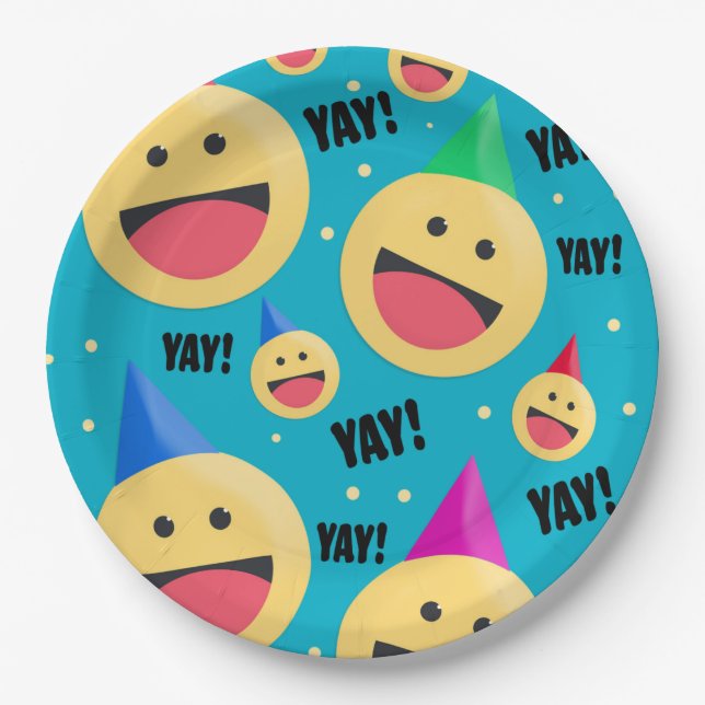 Excited Happy YAY Emojis in Party Hats Holiday Pos Paper Plate (Front)