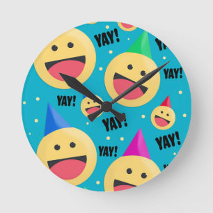 Excited Happy YAY Emojis in Party Hats Holiday Pos Round Clock