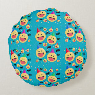 Excited Happy YAY Emojis in Party Hats Holiday Pos Round Cushion