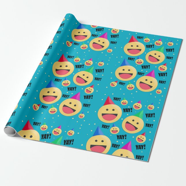 Excited Happy YAY Emojis in Party Hats Holiday Pos Wrapping Paper (Unrolled)