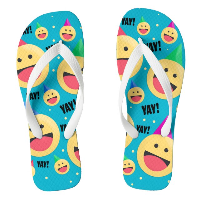 Excited Happy YAY Emojis in Party Hats Socks Flip Flops (Footbed)