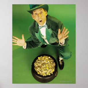 Excited leprechaun with pot of gold poster