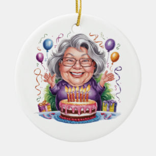Excited Old Lady Birthday Cake Art Ceramic Tree Decoration
