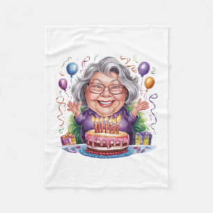 Excited Old Lady Birthday Cake Art Fleece Blanket
