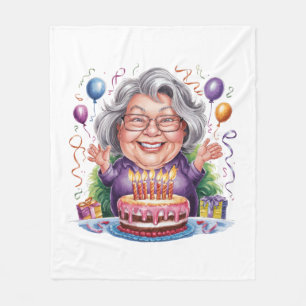 Excited Old Lady Birthday Cake Art Fleece Blanket