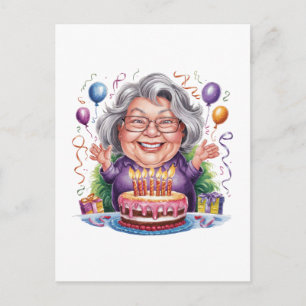 Excited Old Lady Birthday Cake Art Holiday Postcard