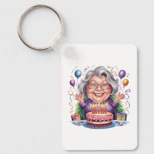 Excited Old Lady Birthday Cake Art Key Ring